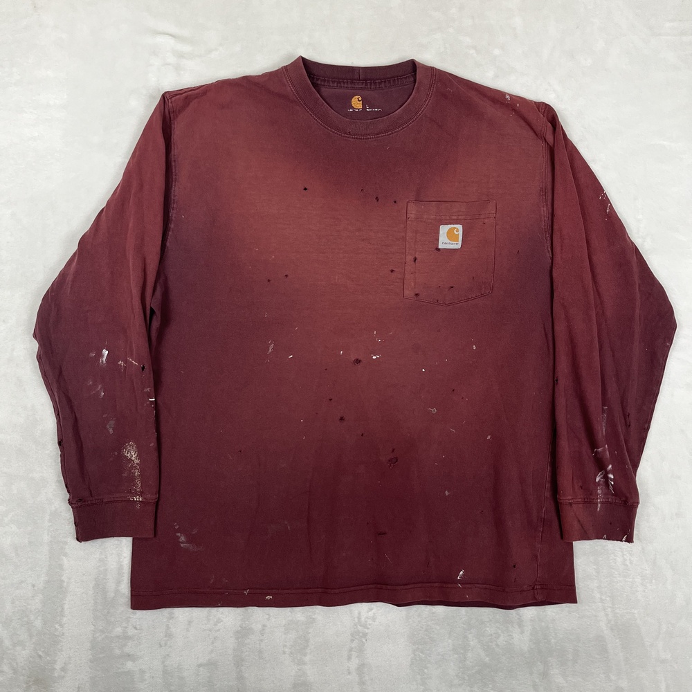 Carhartt Long Sleeve T-Shirt Mens L Red Pocket Work Paint Sun Fade Distressed